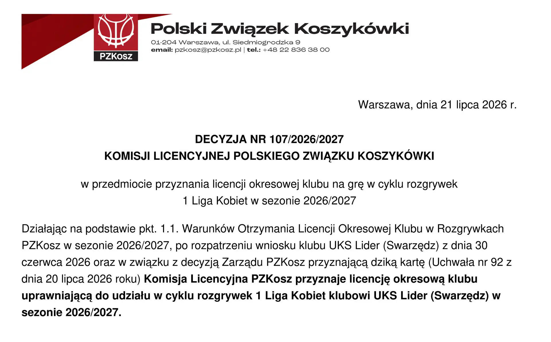 Lider Swarzędz zagra w 1LK w sezonie 2026/27